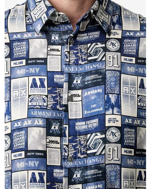 ARMANI EXCHANGE Blue Logo-Print Short-Sleeve Shirt for men
