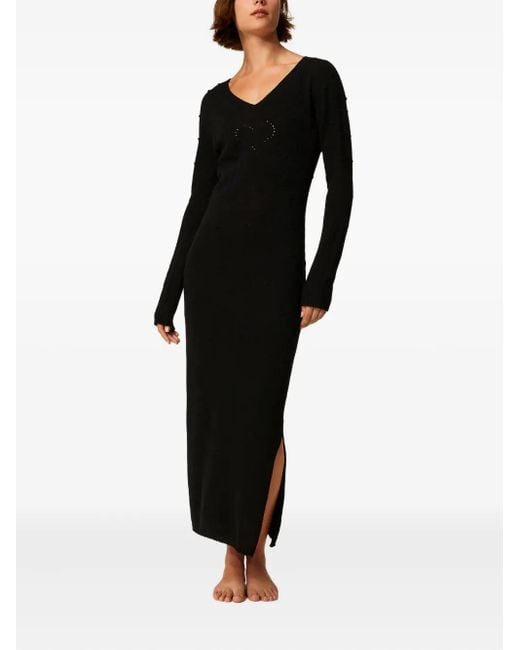 Twinset Black Strukturiertes Strickkleid Mit V-Ausschnitt