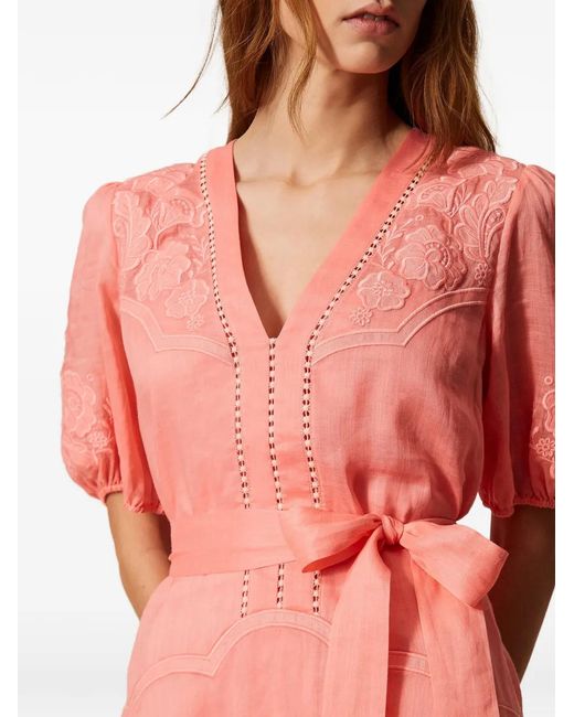 Twinset Pink Short Ramie Dress With Embroidery