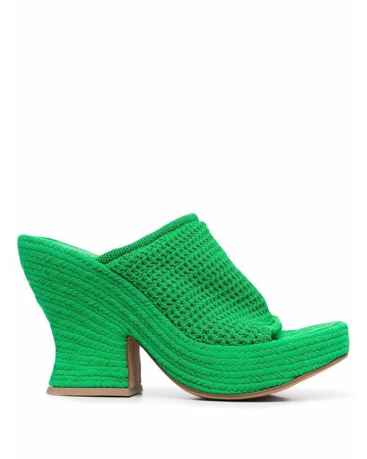 Bottega Veneta Leather Woven Wedge Mules in Green | Lyst