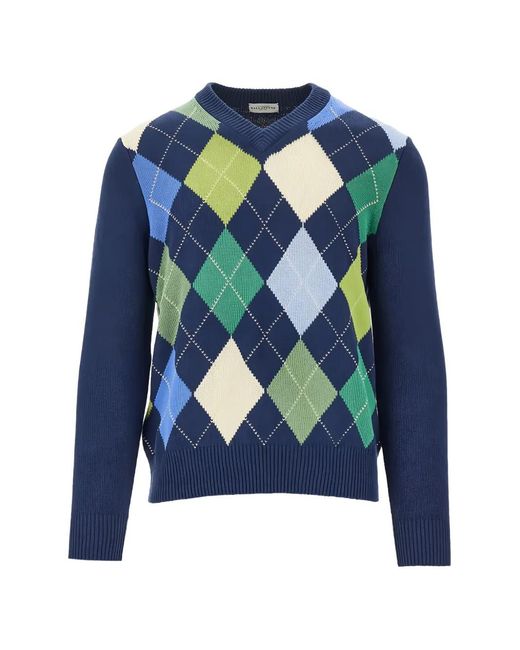 Ballantyne Blue Argyle-Knit V-Neck Sweater for men