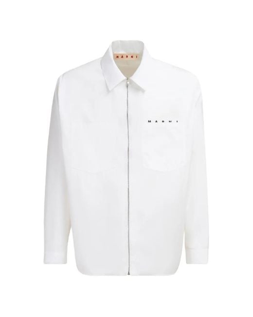 Marni White Logo-Print Zip-Up Shirt for men