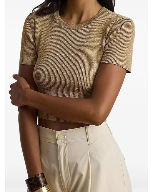 Ralph Lauren Natural Metalised Ribbed-Knit Cropped T-Shirt
