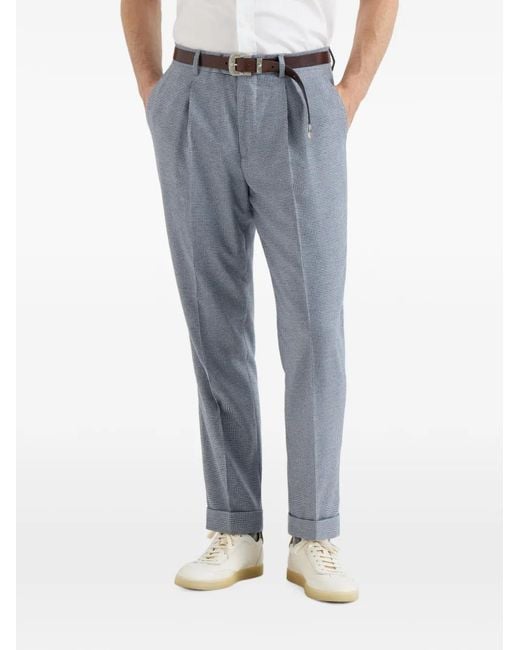 Brunello Cucinelli Blue Cashmere And Silk Houndstooth Flannel Trousers With Pleat for men