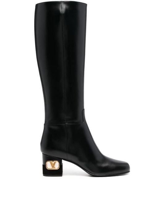 Valentino Garavani Leather Vlogo Heel Knee-high Boots in Black | Lyst ...