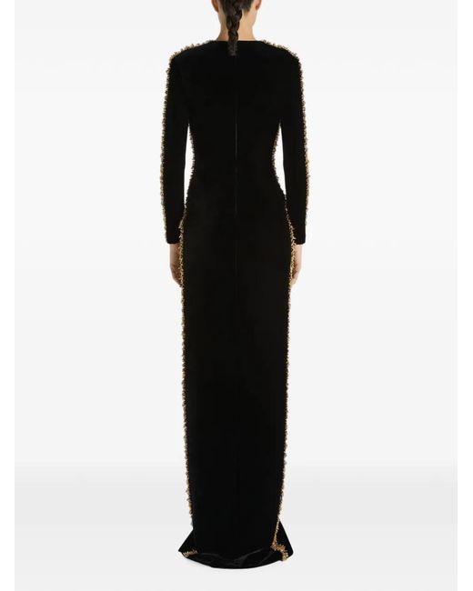 Balmain Black Long Velvet Dress With Embroidered Trim