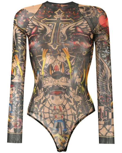DSquared² Tattoo Bodysuit in Black | Lyst