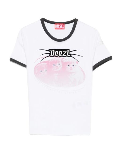 DIESEL Katoenen T-Shirt Met Grafische Kattenprint in het White