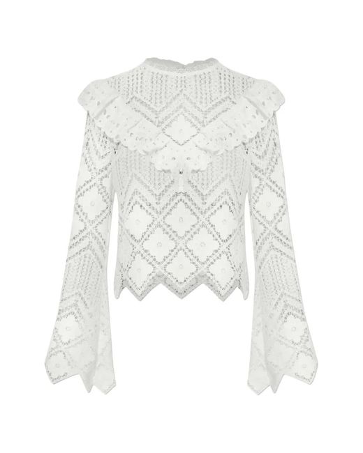 Self-Portrait White Guipure-Lace Ruffled Top