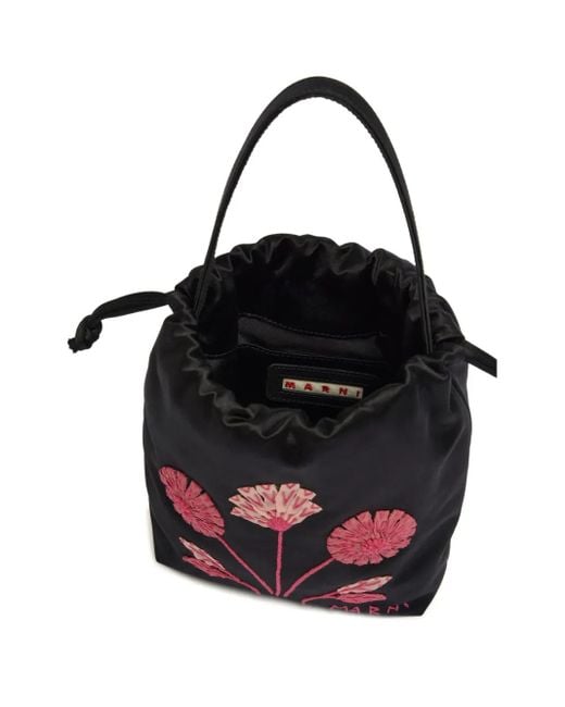 Marni Black Small Floral-Embroidered Bucket Bag