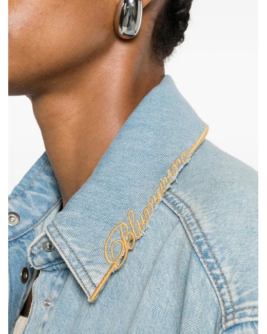 Blumarine Blue Logo-Embroidered Frayed-Hem Shirt