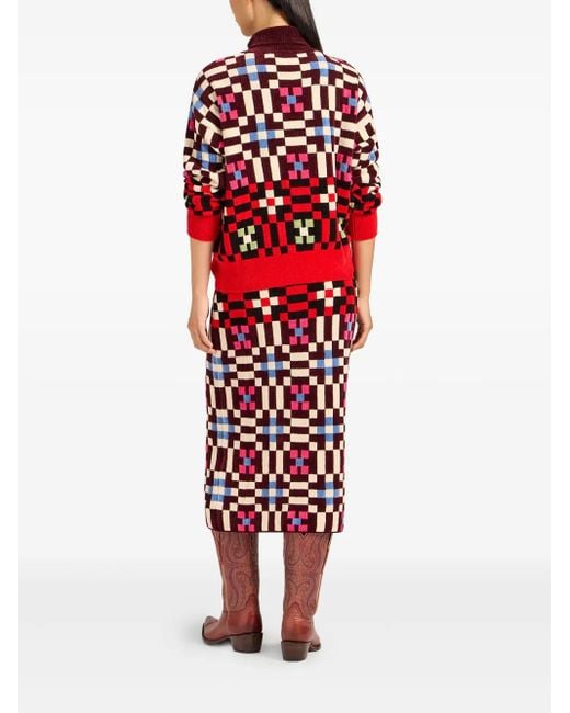 LaDoubleJ Red Byte Geometric-Pattern Knit Skirt