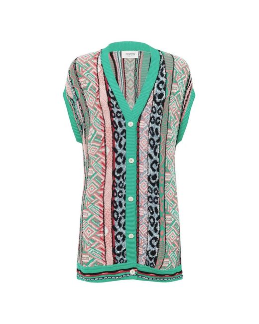 Laneus Green Patterned V-Neck Cardigan