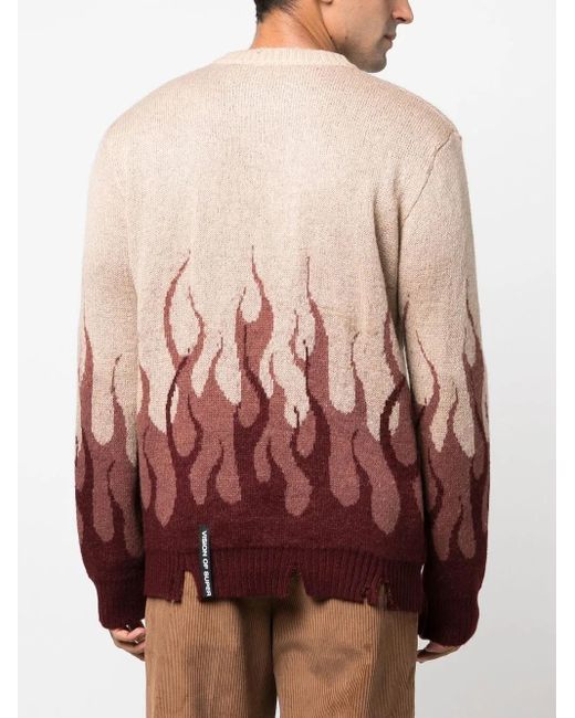 Vision Of Super Red Flame-Print Distressed-Finish Jumper for men