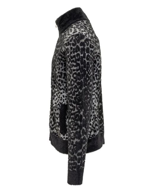 Versace Black Leopard-Pattern Zip-Up Sweatshirt for men