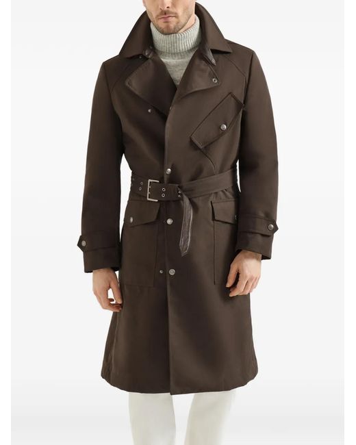 Brunello Cucinelli Brown Water-Resistant Microfiber Motorcyle Trench With Nappa Leather Inserts for men