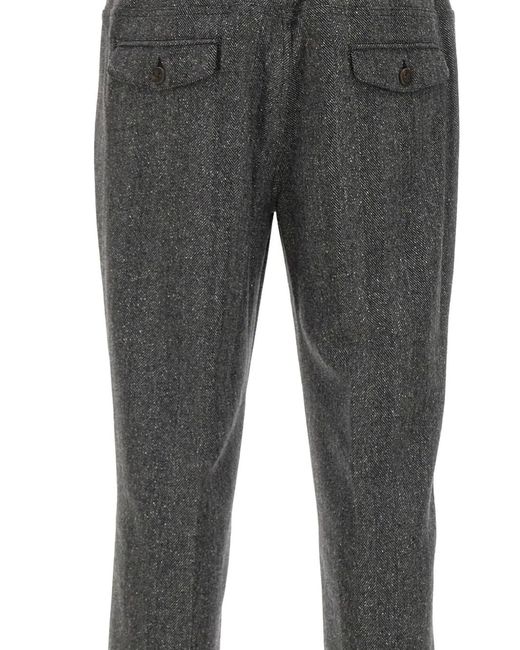 Eleventy Gray Herringbone-Pattern Drawstring Trousers for men