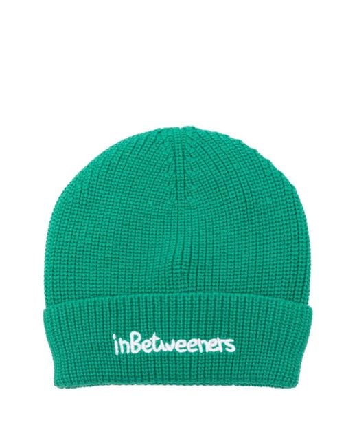 INBETWEENERS Green Ribbed Teddy-Embroidered Beanie for men