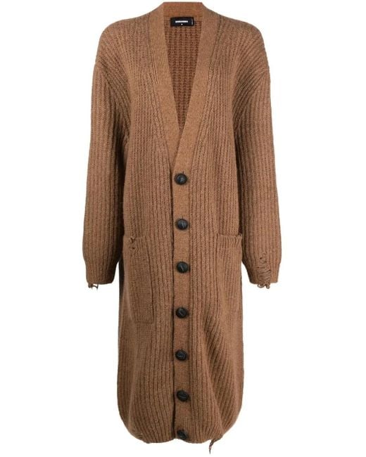 DSquared² Brown Extra-Long Distressed Knitted Cardigan