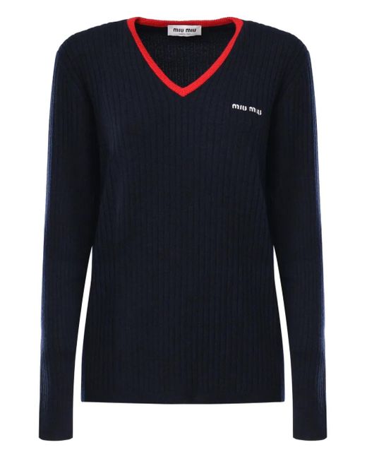 Pull Côtelé À Col V Miu Miu en coloris Blue