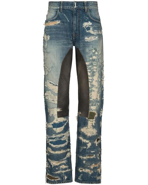 Givenchy Blue Distressed Moleskin Straight-Leg Jeans for men