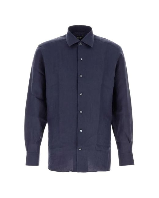Zegna Blue Button-Up Linen Shirt for men