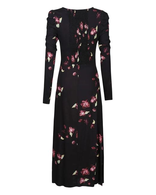 Mar De Margaritas Black Floral-Print Puff-Sleeve Dress