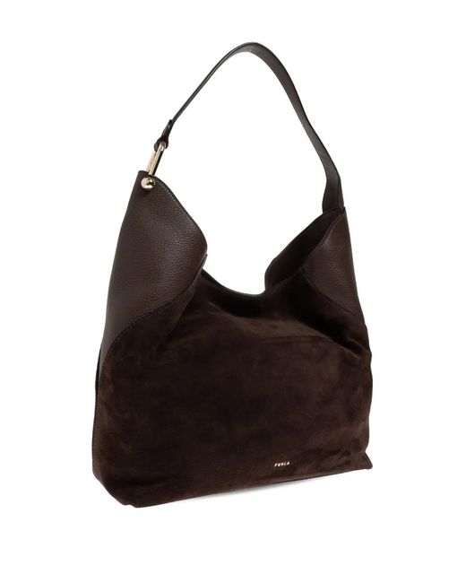 Furla Black Large Lara Suede Shoulder Bag