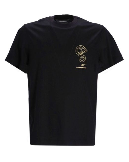 Emporio Armani Black Dragon-embroidered Crew-neck T-shirt for men