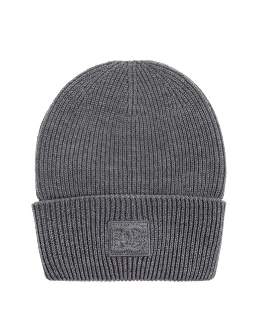 Dolce & Gabbana Gray Ribbed Logo-Patch Beanie Hat for men