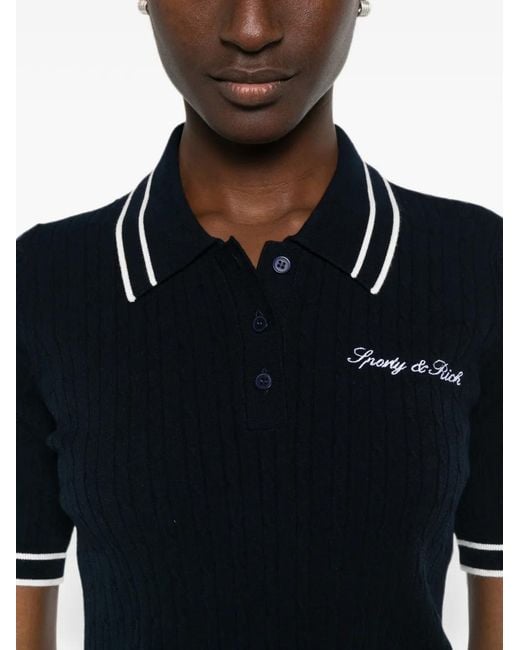 Sporty & Rich Black Cable-Knit Logo-Embroidered Polo Shirt