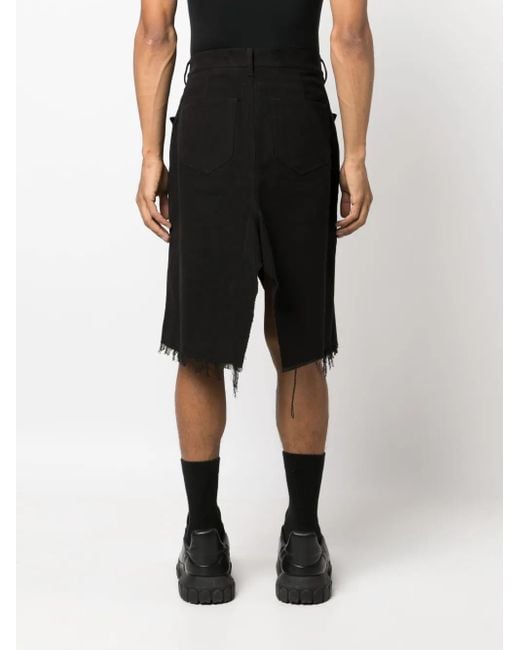 Rick Owens Black Distressed-Hem Denim Bermuda Shorts for men
