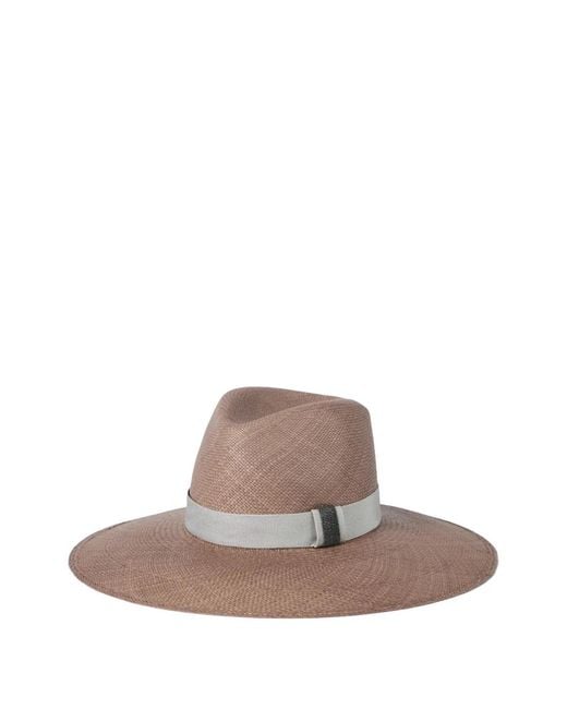 Brunello Cucinelli Brown Leather-Band Straw Fedora