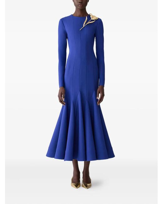 Carolina Herrera Blue Floral-Appliqué Wool Dress