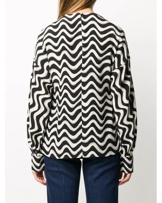 Stella McCartney Black Draped Sleeves Wave Print Blouse