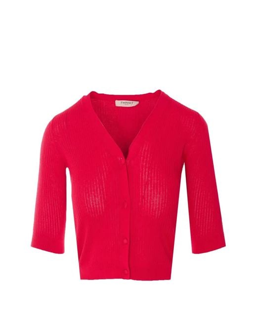 Twinset Red Ribbed-Knit V-Neck Cardigan