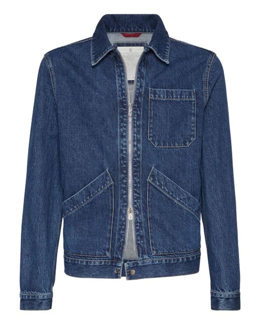 Giacca Denim Con Zip E Tasca di Brunello Cucinelli in Blue da Uomo