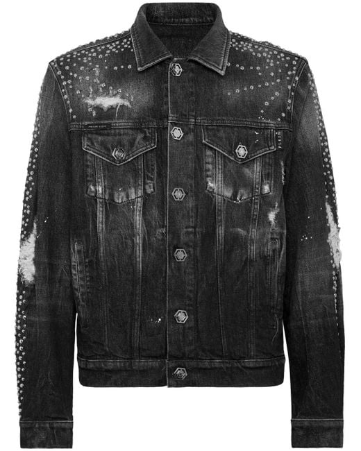 Philipp Plein Black Denim Trucker Jacket Ls Studs for men