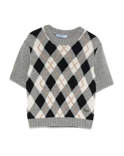 Prada Gray Kurzärmeliger Pullover mit Argylemuster