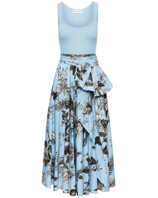Oscar de la Renta Blue Flora & Fauna-Print Sleeveless Midi Dress