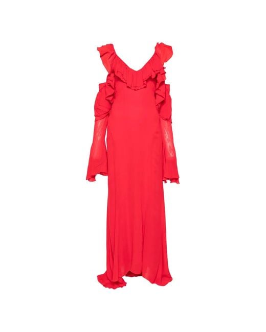 Blumarine Red Ruffled Cold-shoulder Maxi Dress