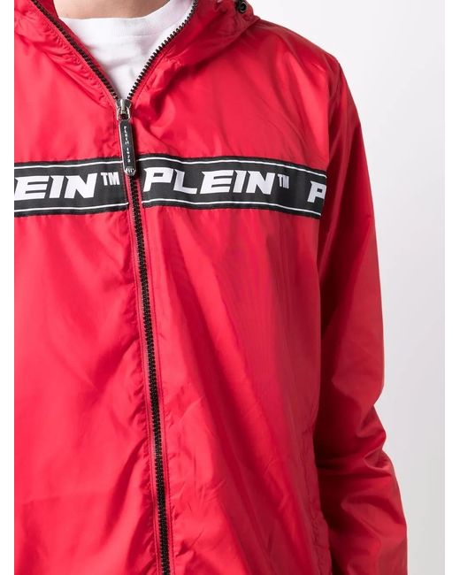 Philipp Plein Red Logo-Tape Hooded Windbreaker for men