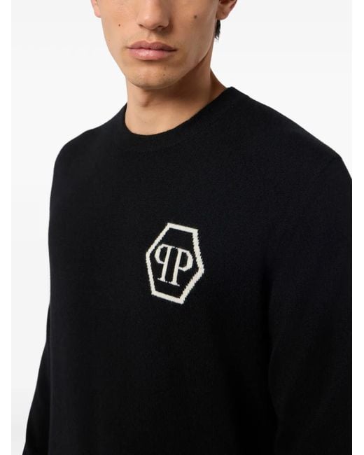 Philipp Plein Black Jacquard Hexagon Roundneck Knitwear for men