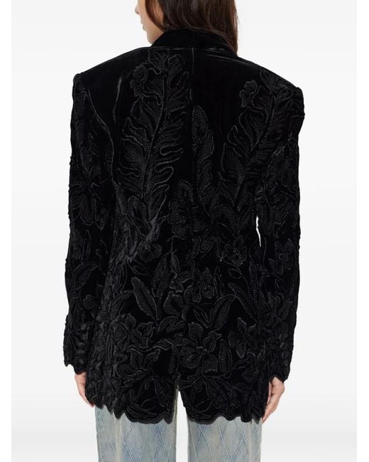Balmain Black Floral-Embroidered Velvet Blazer