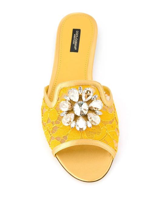 Dolce & Gabbana Yellow Bianca Lace Brooch-Detail Sandals