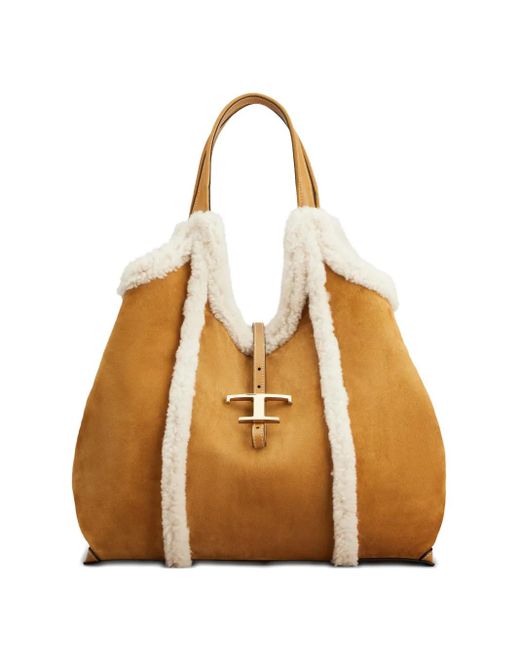 Tod's Natural Shearling-Trimmed T-Buckle Shoulder Bag