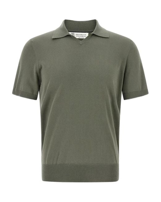 Brunello Cucinelli Green V-Neck Polo Shirt for men