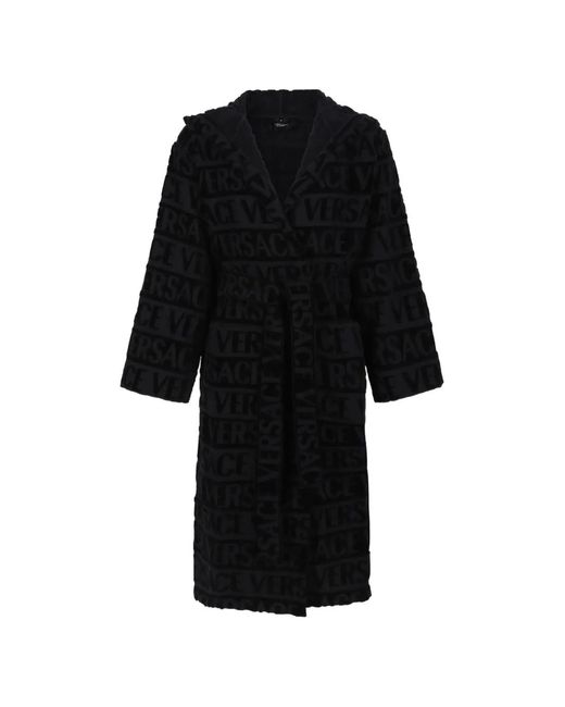 Versace Black Logo-Jacquard Hooded Bathrobe