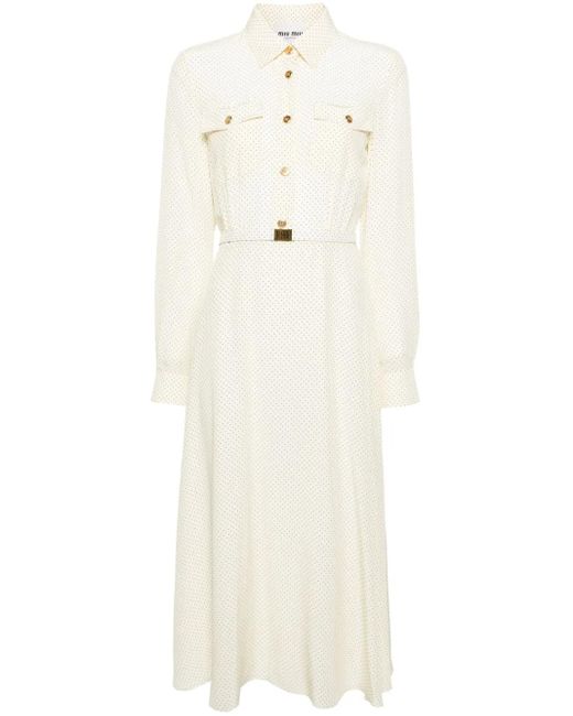 Miu Miu White Krepp-Midikleid Mit Mikro-Punkten