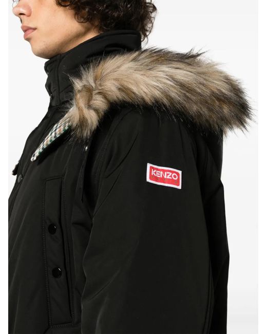 KENZO Black Faux-Fur-Detailed Hooded Coat for men